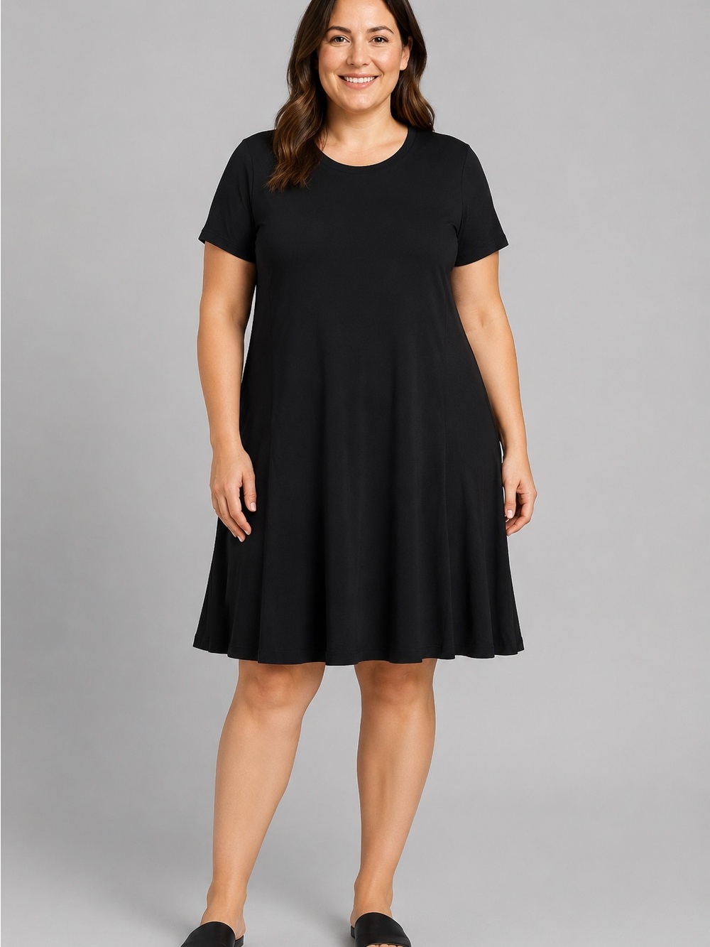 Leota Black Short-Sleeve Midi Swing Dress